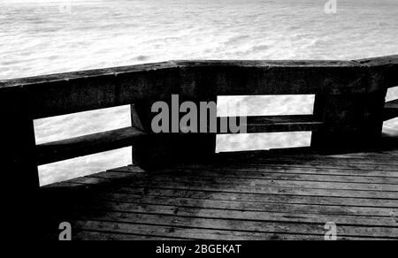 Concrete gray bridge with handrails, space on the bridge, concrete pedestrian bridge texture. Stock Photo