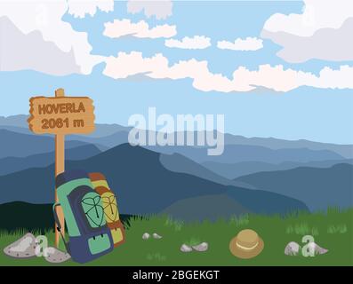 Mountain landscape, mountain top, sky and forest, hills. The concept of adventure and travel in nature. Wooden plate, backpacks travelers Stock Vector