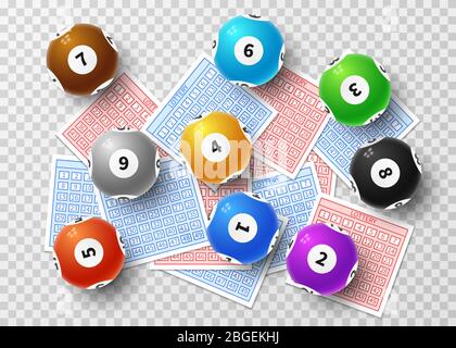 Lottery balls and bingo lucky tickets isolated on transparent background. Sports gambling vector concept. Lucky game bingo and ticket, lottery lotto sphere number ball illustration Stock Vector