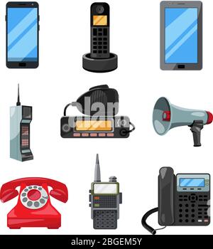 Different telephones, smartphones and other business communication tools. Vector contact symbols Stock Vector