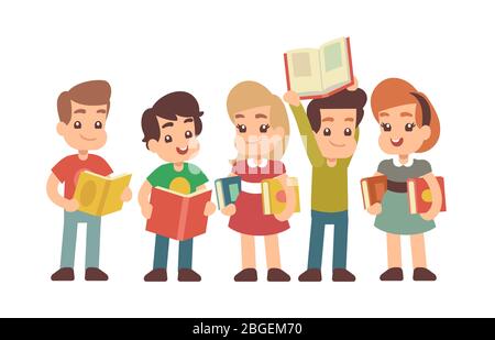 Cartoon preschool children with books. Learning and stadying vector concept. Preschool kids with books for school illustration Stock Vector