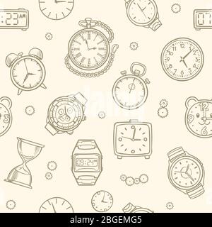 Vintage hand drawn clocks and watches. Time vector seamless pattern. Illustration of clock drawing, time seamless pattern Stock Vector