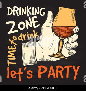Retro style poster for alcohol party. Drinking glasses in hands. Vintage advertising illustration with place for your text Stock Vector