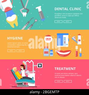 Three horizontal banners of medicine concept. Dental pictures of drilling teeth. Medical accessories of dentist Stock Vector