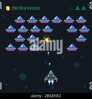 Retro arcade game screen with pixel invaders and spaceship. Space war computer 8 bit old vector graphics. Game video arcade, spaceship and rocket digital pixel illustration Stock Vector