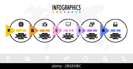 Business diagram with 5 circular elements with arrows. Vector flat concept of five business options to choose from. Infographics modern design Stock Vector