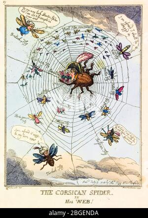 The Corsican Spider in His Web!, (Napoleon Bonaparte), etching by Thomas Rowlandson, 1808
