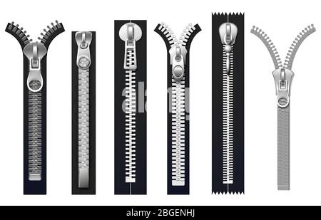 Clothing fasteners, metal zippers isolated vector set. Fashion fastener zip, zipper for clothing illustration Stock Vector