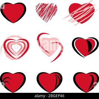 Cute red hand drawn hearts icon vector set. Art decor with hand drawn swirl and curles in heart icon. Design illustration and emoji for love, relation Stock Vector