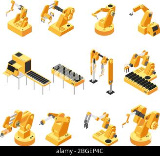 Industry robot machinery, mechanical arm isometric vector set. Machinery robot and robotic isometric equipment for factory manufacturing illustration Stock Vector
