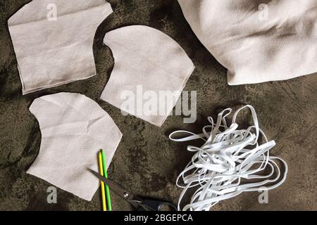 Process of homemade fabric cloth face mask for corona or covid-19 virus, flatlay pattern Stock Photo