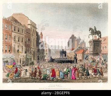 Thomas Rowlandson & Augustus Charles Pugin, 'Pillory', Charing Cross, (public stocks), etching, 1808-1810 Stock Photo