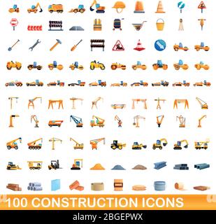 100 construction icons set. Cartoon illustration of 100 construction icons vector set isolated on white background Stock Vector