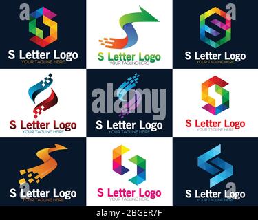 Pixel art design of the S letter logo. S Letter Pixel Multiply Colorful Logo Design Template. Letter S logo for technology. Stock Vector