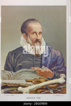 Ambroise Paré [Ambrosio Pare] (c. 1509 – 20 December 1590) was a French barber surgeon who served in that role for kings Henry II, Francis II, Charles IX and Henry III. He is considered one of the fathers of surgery and modern forensic pathology and a pioneer in surgical techniques and battlefield medicine, especially in the treatment of wounds. He was also an anatomist and invented several surgical instruments. He was also part of the Parisian Barber Surgeon guild. From the book La ciencia y sus hombres : vidas de los sabios ilustres desde la antigüedad hasta el siglo XIX T. 2  [Science and i Stock Photo