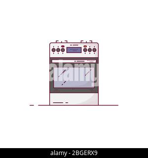 Kitchen modern stove. Gas or electric stove with oven. White oven with knob wheels and glass door. Outline vector image. House kitchenware line style Stock Vector