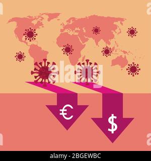 economy and covid19 statistics with arrows in earth maps Stock Vector