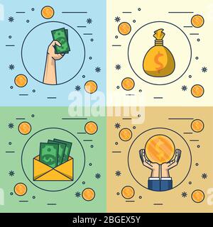 hands human with coins and bills dollars Stock Vector