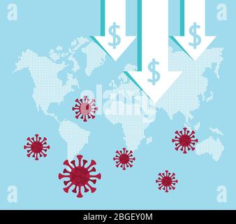 economy and covid19 statistics with arrows in earth maps Stock Vector
