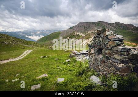 old military barracks ruins from the first wolrd war on the path to Rocca la Meja, one of the most important peaks of the piedmontese Alps, Italy Stock Photo