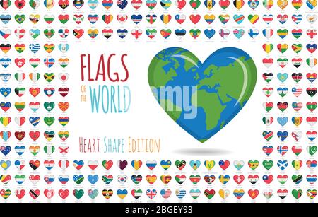 Set of 204 heart shaped flags of all the sovereing countries of the world. Icon set Vector Illustration. Stock Vector