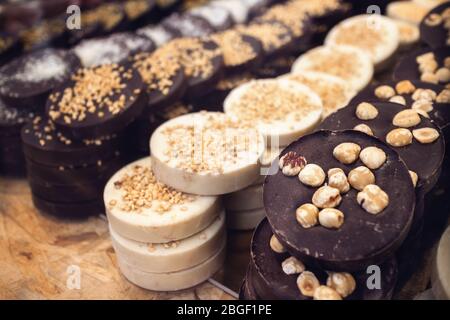 Traditional hazelnut chocolate from Piedmont, Italy, on a market stall in Turin Stock Photo