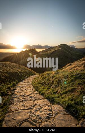 Mountain path in sunset, Man Tor, England, Europe Stock Photo
