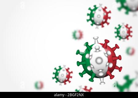 COVID-19 . 3D floating corona virus with Italy flag on gray vignette background with copy space at left area for fill text . Shallow depth of field de Stock Vector