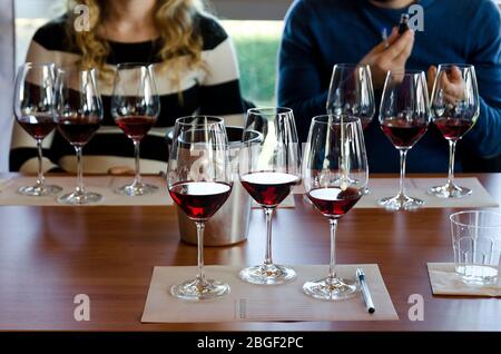 Wine tasting experience in Langhe (Italy) with three glasses of Nebbiolo on a table Stock Photo