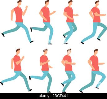 Cartoon running man in casual clothes. Young male jogging. Animation frames sequence isolated vector set. Animation young character run, sport walk runner illustration Stock Vector