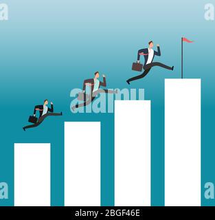 Team reaching goal. Successful people running on growing chart bars. Business achievement vector concept. Success businessman and team run to achievement goal illustration Stock Vector