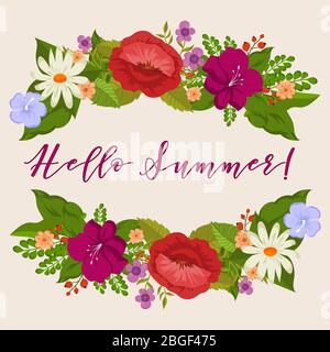 Hello summer background with cartoon colored blossom flowers. Vector illustration Stock Vector