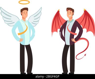 Businessman in angel and demon suit. Vector characters for good and bad way choice concept. Business demon and angel, businessman satan with wing, and horns illustration Stock Vector