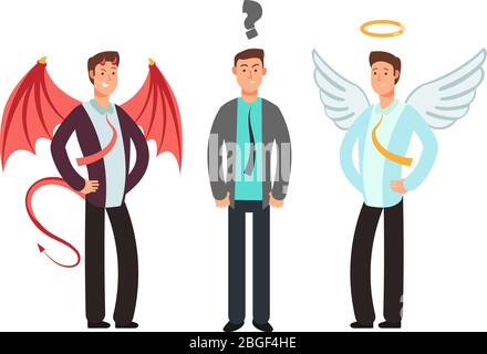 Confused businessman with angel and devil over shoulders. Choose vector concept. Businessman choice devil or angel illustration Stock Vector
