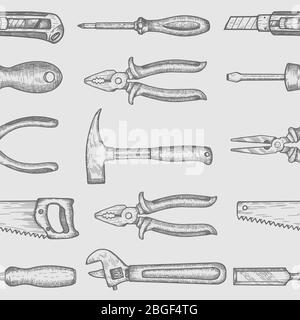 Hand tools seamless pattern. Collection of hand drawn engraved graphic. Vector illustration Stock Vector