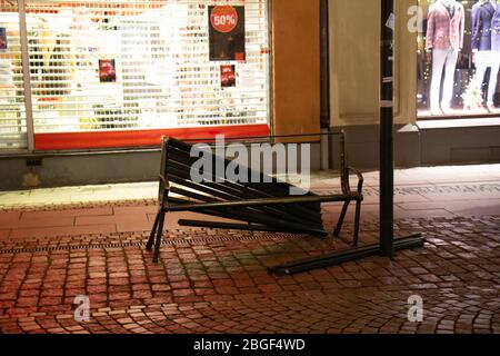 Malmö, Sweden - December 1, 2019: A public bench has been destroyed by criminals. Vandalism like this gives the city a bad reputation Stock Photo