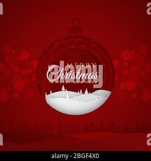 Red christmas background with glass bauble and snowy landscape. Stock Vector