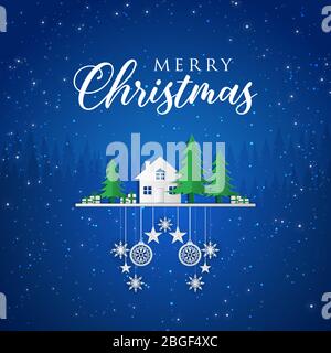 Christmas blue background with a white house and green trees. Stock Vector