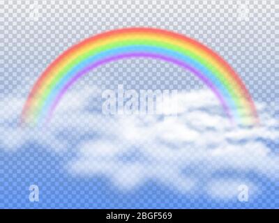 Rainbow arc with white clouds in blue sky 3d vector illustration. Rainbow in sky after rain, spectrum colored curve Stock Vector