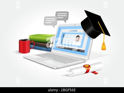 Vector design depicting a laptop with online learning software. The e-learning system. Stock Vector