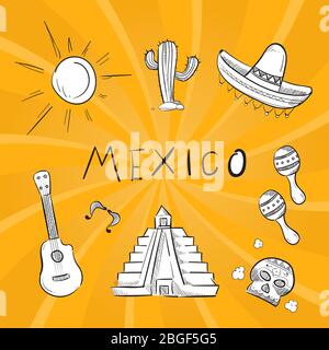 Hand drawn mexico symbol stickers of set. Vector guitar and cactus illustration Stock Vector