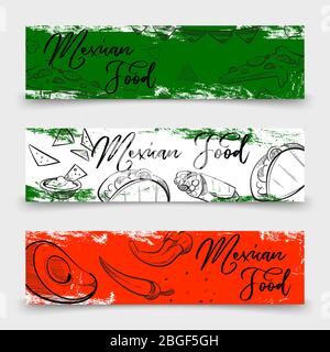 Mexican food banners design with sketch dishes. Mexican banner with sketch food for restaurant. Vector illustration Stock Vector