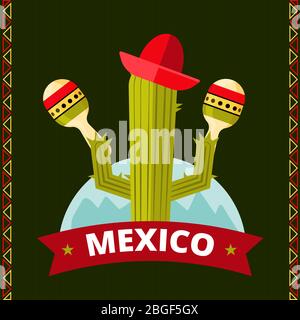 Funny mexican cactus poster design. Sombrero and green plant. Vector illustration Stock Vector