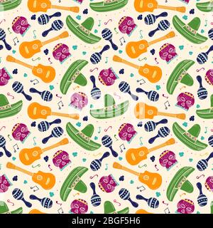 Colorful sketch mexican symbols seamless pattern - mexico texture design. Vector illustration Stock Vector