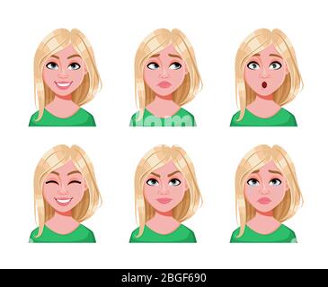 Face expressions of cute blonde woman. Different female emotions set ...