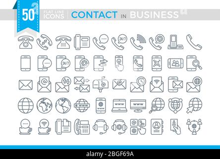 Set Vector Flat Line Contact in Business. Stock Vector