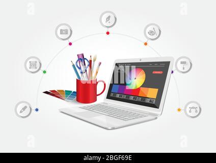 Vector design depicting a computer graphics workshop. Stock Vector