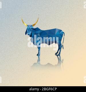 3d Indian blue cow and golden horns vector illustration Polygonal art Stock Vector