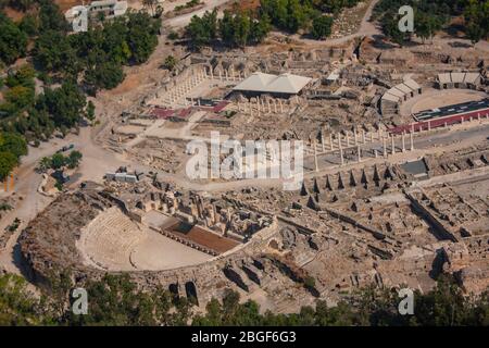 Aerial view of ancient Beit Shean, The Greek / Roman city of Scythopolis. The renovated Roman threatre on the left Stock Photo