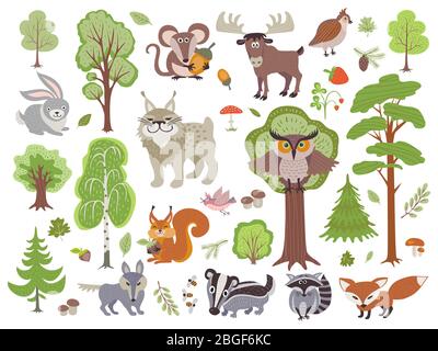 Big set of wild forest animals birds and trees. Cartoon forest isolated on white background. Wild forest animal, bird and tree, funny lynx amd rodent. Vector illustration Stock Vector